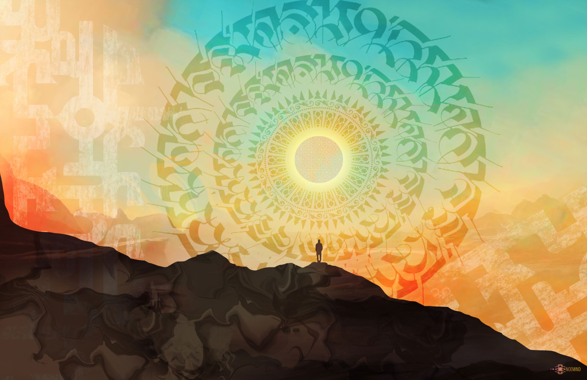 Threshold — a solitary figure before a radiant glyph mandala