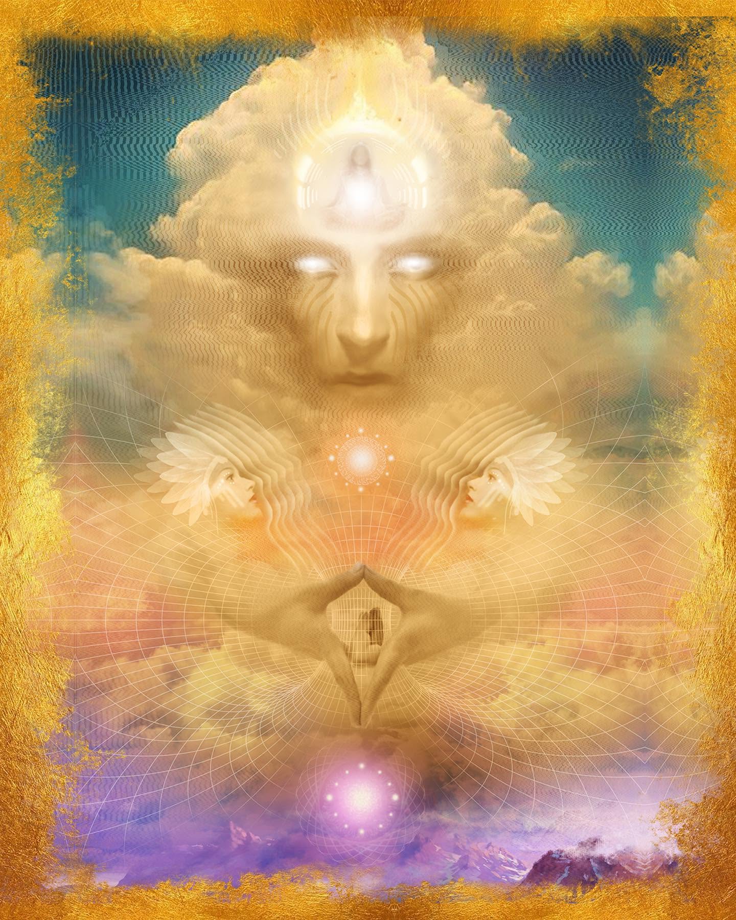 Safe Passage — golden clouded figures in sacred geometry